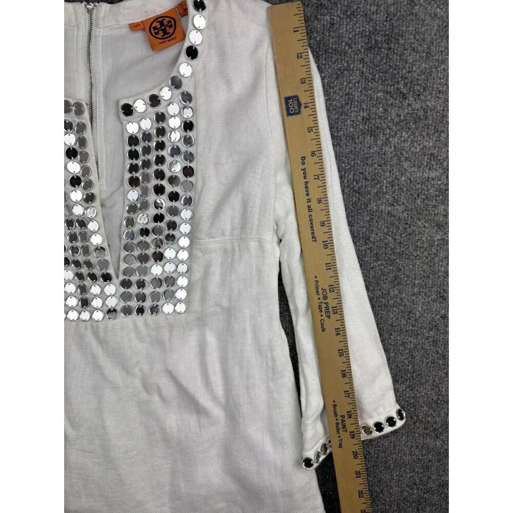 Tory Burch Linen Blouse Womens 4 White Mirror Sequin Embellished‎ 3/4 Sleeve